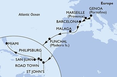 Itálie, Francie, Španělsko, Portugalsko, Antigua a Barbuda, Svatý Martin, Britské Panenské ostrovy, USA z Janova na lodi MSC Seashore
