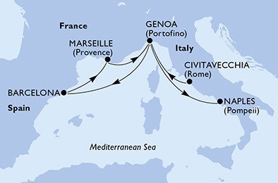 Itálie, Španělsko, Francie z Civitavecchia na lodi MSC World Europa