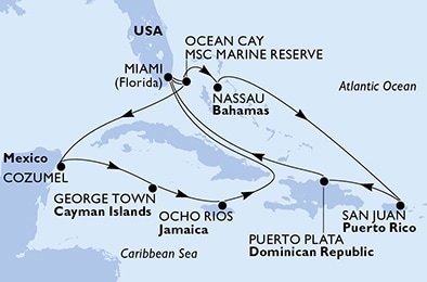 USA, Bahamy, Dominikánská republika, Mexiko, Kajmanské ostrovy, Jamajka z Miami na lodi MSC Seascape
