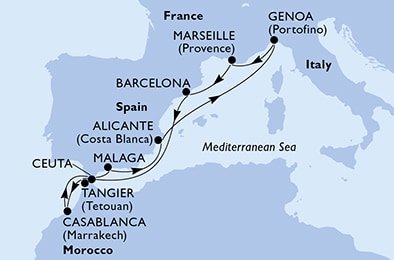 Itálie, Francie, Španělsko, Maroko z Janova na lodi MSC Lirica