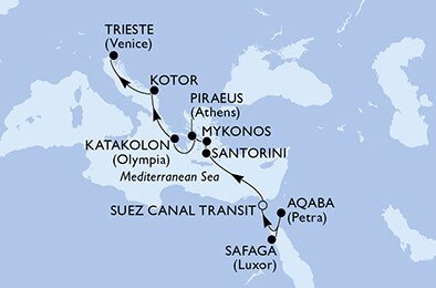 Egypt, Jordánsko, Řecko, Černá Hora, Itálie ze Safagy na lodi MSC Splendida