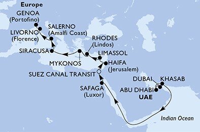 Spojené arabské emiráty, Omán, Egypt, Izrael, Kypr, Řecko, Itálie z Dubaje na lodi MSC Opera