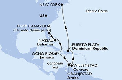 USA, Bahamy, Jamajka, Aruba, Curacao, Dominikánská republika, USA - Východní pobřeží z Port Canaveralu na lodi MSC Meraviglia
