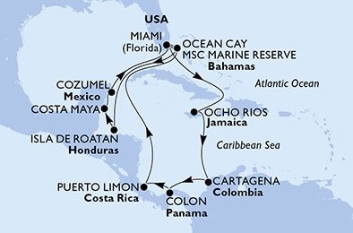 USA, Bahamy, Honduras, Mexiko, Jamajka, Kolumbie, Panama, Kostarika z Miami na lodi MSC Divina