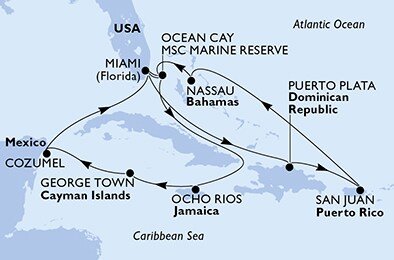 USA, Bahamy, Jamajka, Kajmanské ostrovy, Mexiko, Dominikánská republika z Miami na lodi MSC Seascape