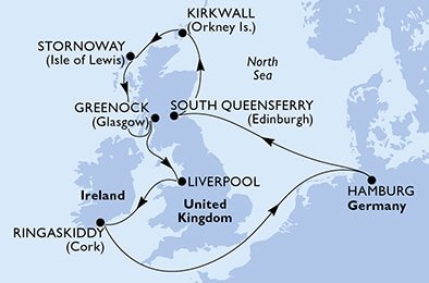 Německo, Velká Británie, , Irsko z Hamburku na lodi MSC Preziosa