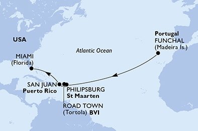 Portugalsko, Svatý Martin, Britské Panenské ostrovy, USA z Funchalu na lodi MSC Magnifica