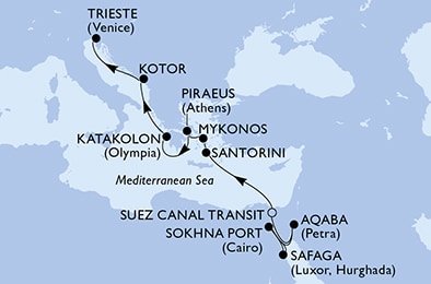 Egypt, Jordánsko, Řecko, Černá Hora, Itálie na lodi MSC Splendida