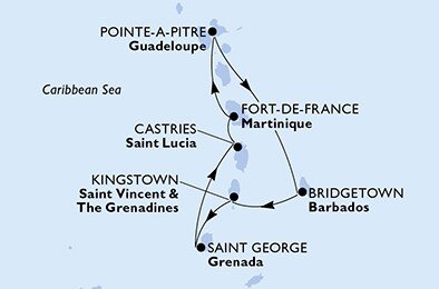 Guadeloupe, Barbados, Svatý Vincenc a Grenadiny, Grenada, Svatá Lucie, Martinik z Pointe-à-Pitre, Guadeloupe na lodi MSC Seaside