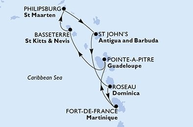 Guadeloupe, Svatý Kryštof a Nevis, Svatý Martin, Antigua a Barbuda, Dominika, Martinik z Pointe-à-Pitre, Guadeloupe na lodi MSC Seaside