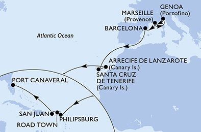 Francie, Itálie, Španělsko, Svatý Martin, Britské Panenské ostrovy, USA z Marseille na lodi MSC Seashore