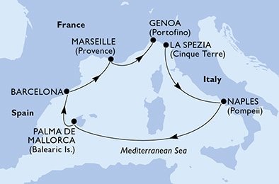 Itálie, Španělsko, Francie z La Spezie na lodi MSC Bellissima