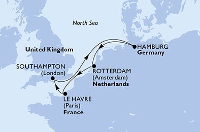Velká Británie, Německo, Nizozemsko, Francie ze Southamptonu na lodi MSC Virtuosa
