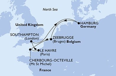 Francie, Velká Británie, Německo, Belgie z Le Havru na lodi MSC Virtuosa