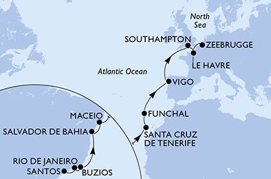 Brazílie, Španělsko, Portugalsko, Velká Británie, Francie, Belgie ze Santosu na lodi MSC Preziosa