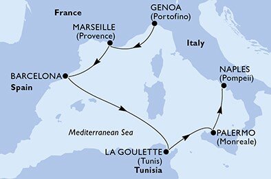 Itálie, Francie, Španělsko, Tunisko z Janova na lodi MSC Grandiosa