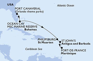 USA, Bahamy, Svatý Martin, Antigua a Barbuda, Martinik z Port Canaveralu na lodi MSC Seaside