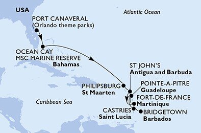 USA, Bahamy, Svatý Martin, Antigua a Barbuda, Martinik, Guadeloupe, Svatá Lucie, Barbados z Port Canaveralu na lodi MSC Seaside