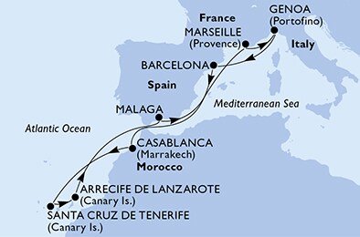 Španělsko, Francie, Itálie, Maroko z Tenerife na lodi MSC Divina