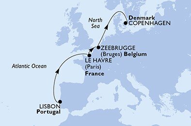 Portugalsko, Francie, Belgie, Dánsko z Lisabonu na lodi MSC Fantasia
