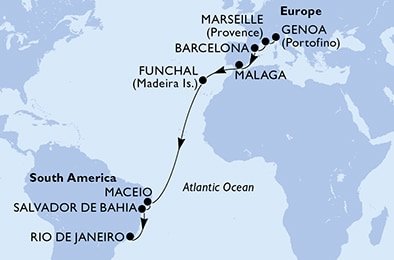 Itálie, Francie, Španělsko, Portugalsko, Brazílie z Janova na lodi MSC Grandiosa