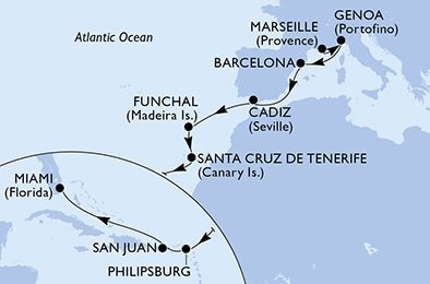 Francie, Itálie, Španělsko, Portugalsko, Svatý Martin, USA z Marseille na lodi MSC Divina