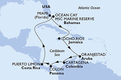 USA, Jamajka, Aruba, Kolumbie, Panama, Kostarika, Bahamy z Miami na lodi MSC Divina