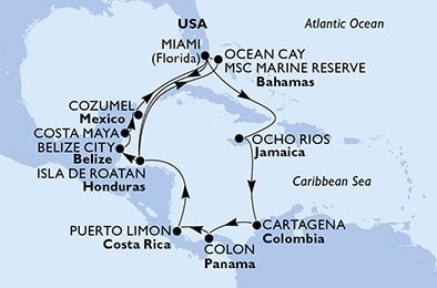 USA, Jamajka, Kolumbie, Panama, Kostarika, Honduras, Bahamy, Belize, Mexiko z Miami na lodi MSC Divina