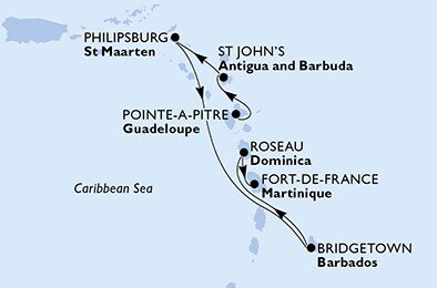 Guadeloupe, Antigua a Barbuda, Svatý Martin, Barbados, Dominika, Martinik z Pointe-à-Pitre, Guadeloupe na lodi MSC Seaside