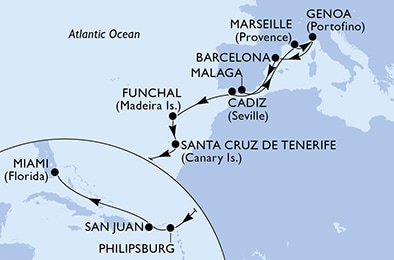 Španělsko, Francie, Itálie, Portugalsko, Svatý Martin, USA z Málagy na lodi MSC Divina