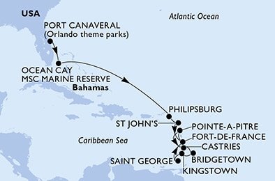 USA, Bahamy, Svatý Martin, Antigua a Barbuda, Martinik, Guadeloupe, Svatá Lucie, Barbados, Svatý Vincenc a Grenadiny, Grenada z Port Canaveralu na lodi MSC Seaside