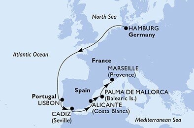 Německo, Portugalsko, Španělsko, Francie z Hamburku na lodi MSC Fantasia