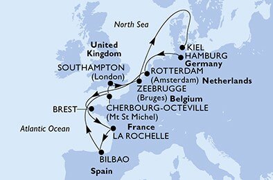 Německo, Nizozemsko, Francie, Španělsko, Velká Británie, Belgie z Hamburku na lodi MSC Euribia