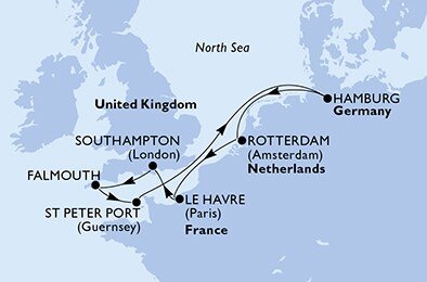 Německo, Nizozemsko, Francie, Velká Británie, Korunní závislé území Velké Británie z Hamburku na lodi MSC Euribia