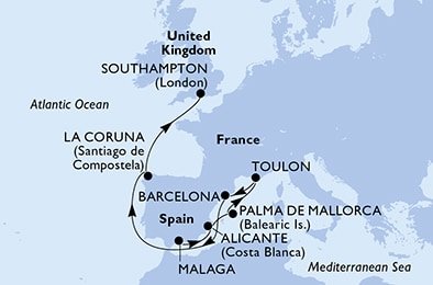 Španělsko, Francie, Velká Británie z Málagy na lodi MSC Virtuosa