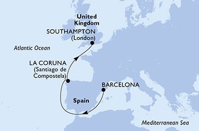 Španělsko, Velká Británie z Barcelony na lodi MSC Virtuosa