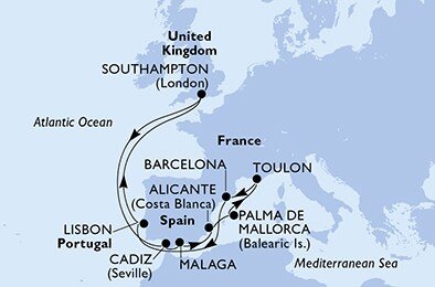 Španělsko, Francie, Portugalsko, Velká Británie z Málagy na lodi MSC Virtuosa