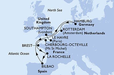 Francie, Velká Británie, Německo, Nizozemsko, Španělsko z Le Havru na lodi MSC Euribia