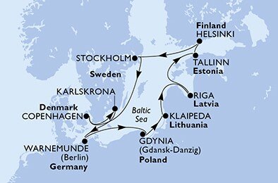 Německo, Polsko, Litva, Lotyšsko, Estonsko, Finsko, Švédsko, Dánsko,  z Warnemünde na lodi MSC Poesia