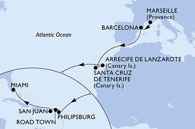 Francie, Španělsko, Svatý Martin, Britské Panenské ostrovy, USA z Marseille na lodi MSC Seashore