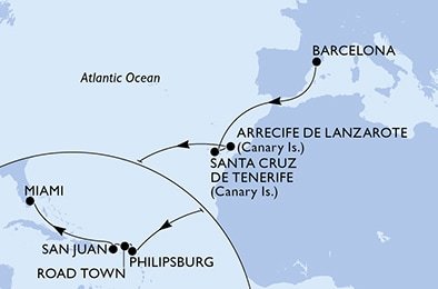 Španělsko, Svatý Martin, Britské Panenské ostrovy, USA z Barcelony na lodi MSC Seashore