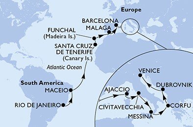 Brazílie, Španělsko, Portugalsko, Francie, Itálie, Řecko, Chorvatsko z Rio de Janeira na lodi MSC Armonia