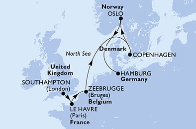 Velká Británie, Francie, Belgie, Dánsko, Norsko, Německo ze Southamptonu na lodi MSC Preziosa