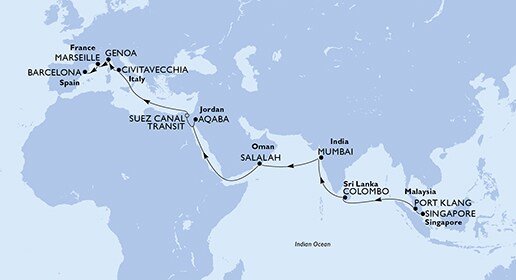 Singapur, Malajsie, Srí Lanka, Indie, Omán, Jordánsko, Egypt, Itálie, Francie, Španělsko ze Singapuru na lodi MSC Magnifica