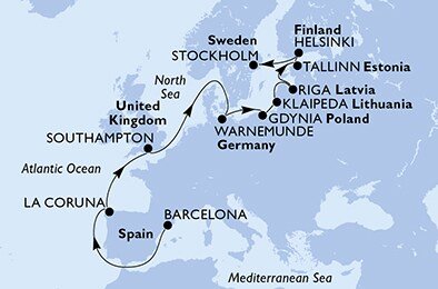 Španělsko, Velká Británie, Německo, Polsko, Litva, Lotyšsko, Estonsko, Finsko, Švédsko z Barcelony na lodi MSC Poesia