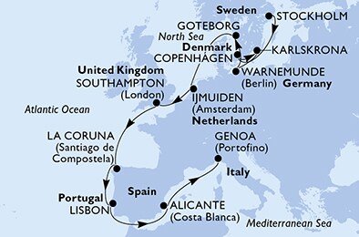 Švédsko, Dánsko, Německo, Nizozemsko, Velká Británie, Španělsko, Portugalsko, Itálie ze Stockholmu na lodi MSC Poesia