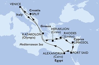 Itálie, Řecko, Kypr, Egypt, Chorvatsko z Benátek na lodi MSC Lirica