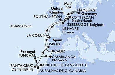 Velká Británie, Německo, Belgie, Nizozemsko, Francie, Španělsko, Maroko, Portugalsko ze Southamptonu na lodi MSC Euribia