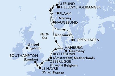 Dánsko, Norsko, Německo, Nizozemsko, Belgie, Francie, Velká Británie z Kodaně na lodi MSC Euribia