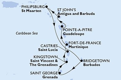 Barbados, Grenada, Svatý Vincenc a Grenadiny, Svatá Lucie, Martinik, Guadeloupe, Antigua a Barbuda, Svatý Martin z Bridgetownu na lodi MSC Seaside